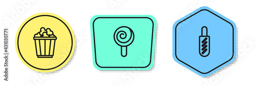 Set line Popcorn in box, Lollipop and Hotdog sandwich. Colored shapes. Vector