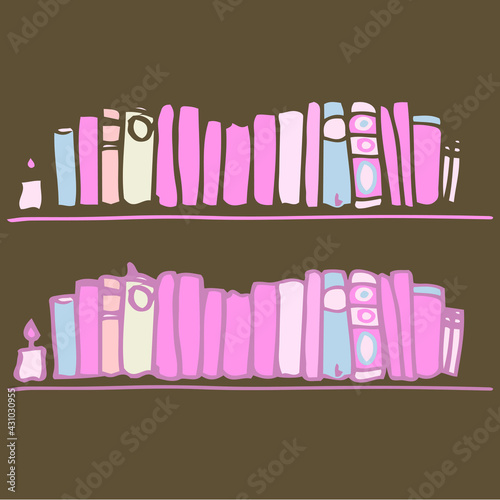 Cartoon bookshelf set. Page design, bookstore, book illustration. Library, literature, stack of books, collection of books. Bookcase logo