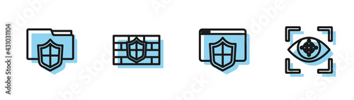 Set line Browser with shield, Document folder protection, Shield brick wall and Eye scan icon. Vector