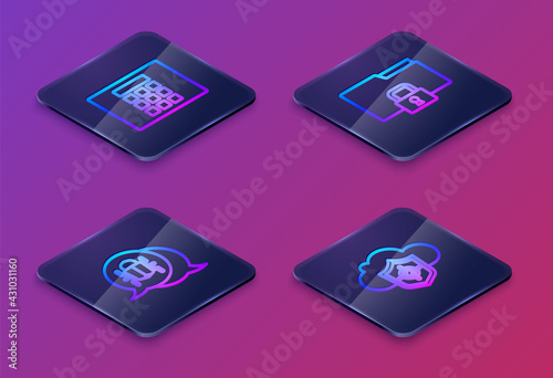 Set Isometric line Password protection, System bug, Folder and lock and Cloud shield. Blue square button. Vector