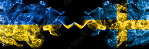 Foto Ukraine, Ukrainian vs Sweden, Swedish Swede smoky mystic flags placed side by side