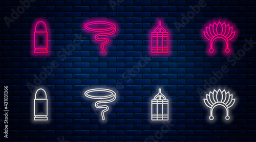 Set line Lasso, Dynamite bomb, Bullet and Indian headdress with feathers. Glowing neon icon on brick wall. Vector