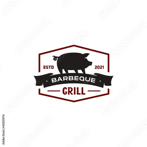 Vintage Retro pork pig BBQ Grill badge, Barbecue party , Barbeque Label Stamp Logo design vector invitation , with fire flame design