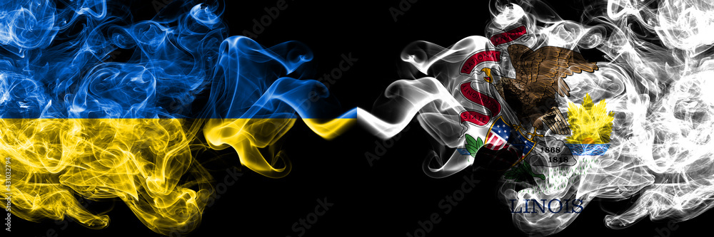 Fototapeta premium Ukraine, Ukrainian vs United States of America, America, US, USA, American, Illinois smoky mystic flags placed side by side. Thick colored silky abstract smokes flags.