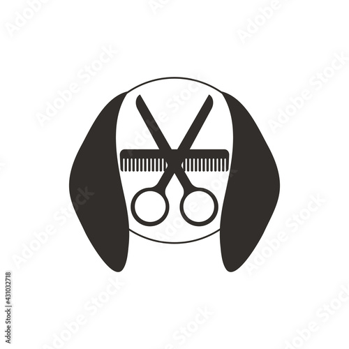 Dog grooming logo design template. Dog head with comb and scissors. Vector clipart and drawing. Isolated illustration on white background.