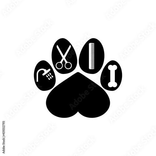Dog grooming logo design template. Dog pawprint in heart shape with comb, scissors, shower and bone. Vector clipart and drawing. Isolated illustration on white background.