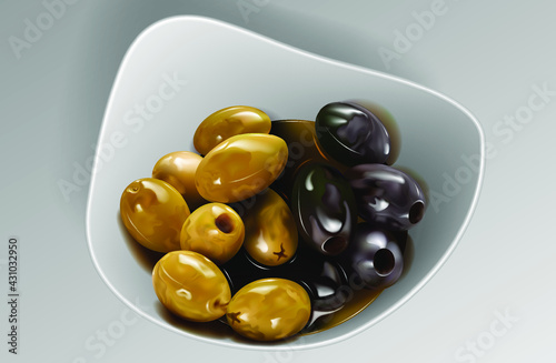 Olives in a plate with butter. Abstract vector illustration of mature and green olives in a plate with oil on a gray background. A blank for creativity.
