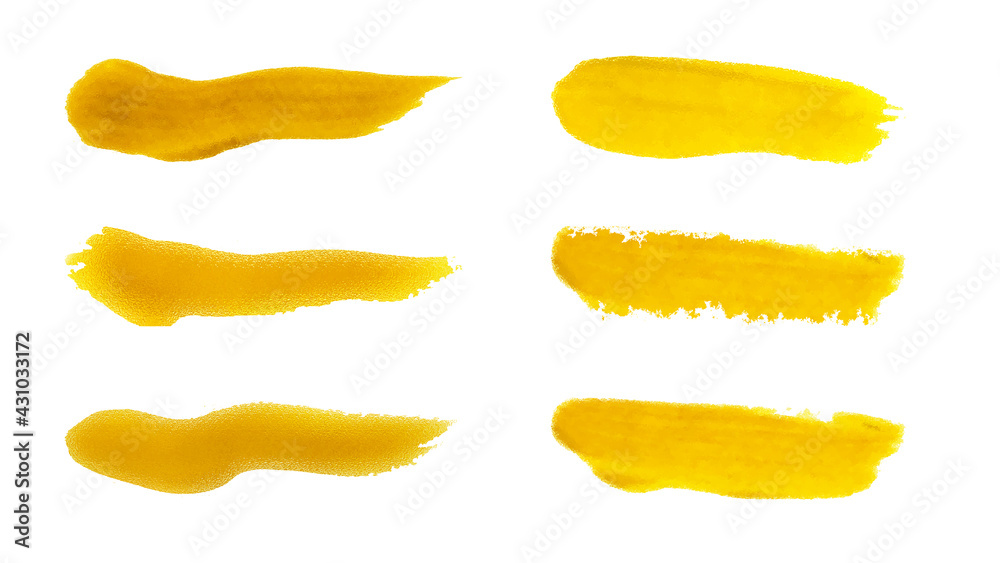 Golden watercolor brush set, painted isolated golden stripes patch hand on white background, hand-painted golden stock brush set for watercolor. Vector illustration. Golden watercolor brush set, painted isolated golden stripes patch hand on white background, hand-painted golden stock brush set for watercolor. Vector illustration.