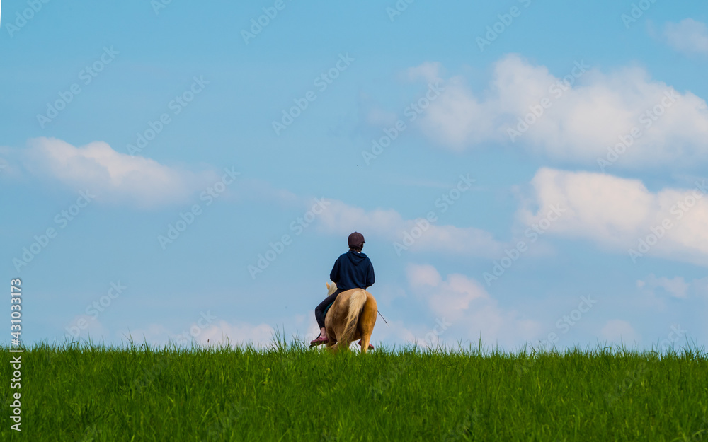 Lone rider against the blue sky clouds, green slope in foreground Lone rider against the blue sky clouds, green slope in foreground