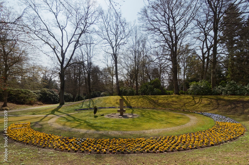 Feuerwehrgr  ber auf dem Ohlsdorfer Friedhof. Blumenbeete mit Stiefm  tterchen  Viola wittrockiana 