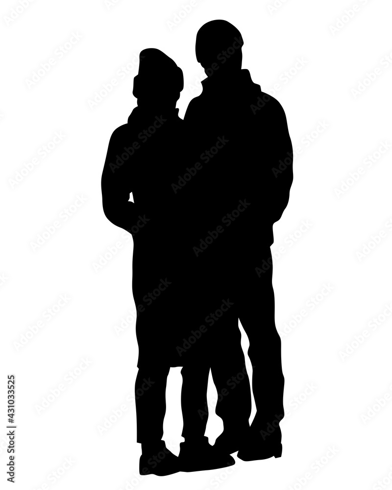 Young man and woman walking at street. Isolated silhouette on a white background