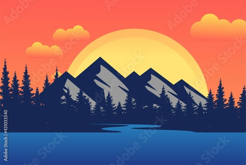 Mountain Sunrise Sunset Landscape with Pine Cedar Spruce Conifer Fir Evergreen Hemlock Larch Cypress Trees Forest and Lake River Creek , Morning Panorama Background. Vector Illustration