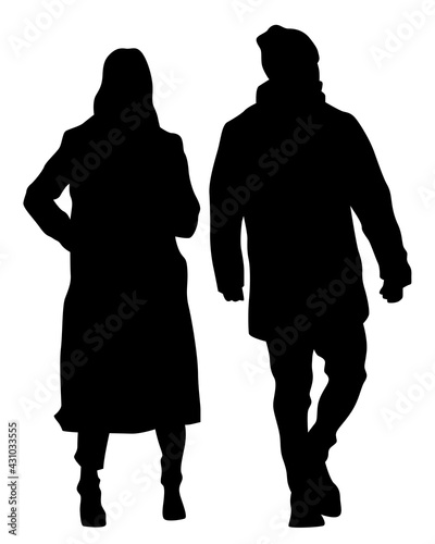 Young man and woman walking at street. Isolated silhouette on a white background