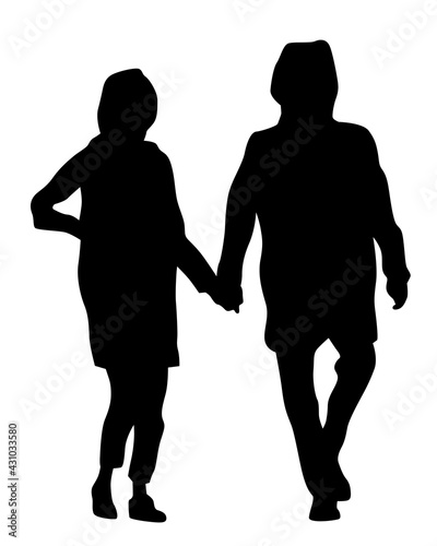 Young man and woman walking at street. Isolated silhouette on a white background