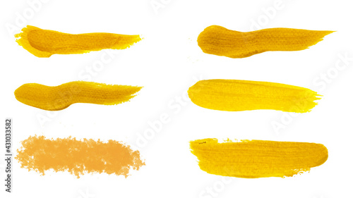 Golden watercolor brush set, painted isolated golden stripes patch hand on white background, hand-painted golden stock brush set for watercolor. Vector illustration. 