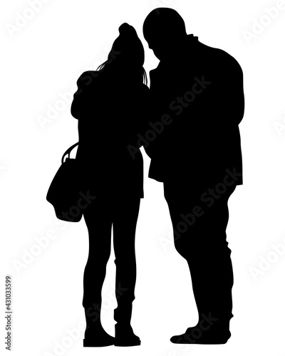 Young man and woman walking at street. Isolated silhouette on a white background