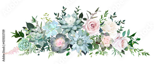 Dusty pink and cream rose, various echeveria succulents, tropical leaves garland