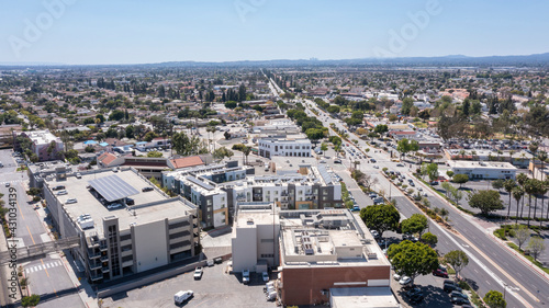 Sunny daytime aerial view of downtown Baldwin Park, California, USA. photo