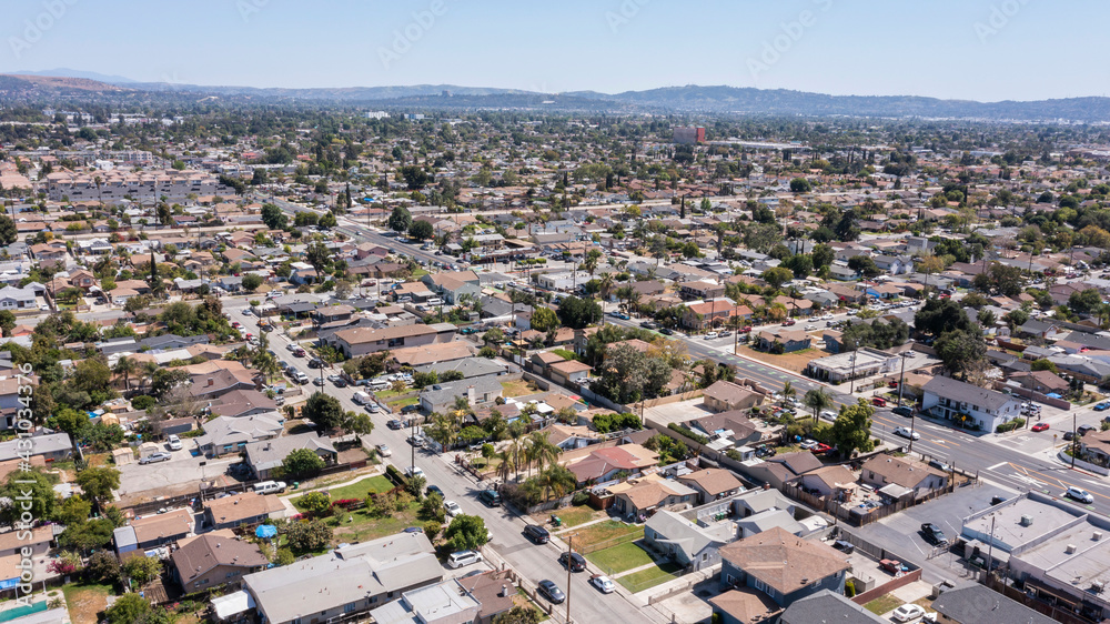 Sunny daytime aerial view of a residential district of Baldwin Park, California, USA.
