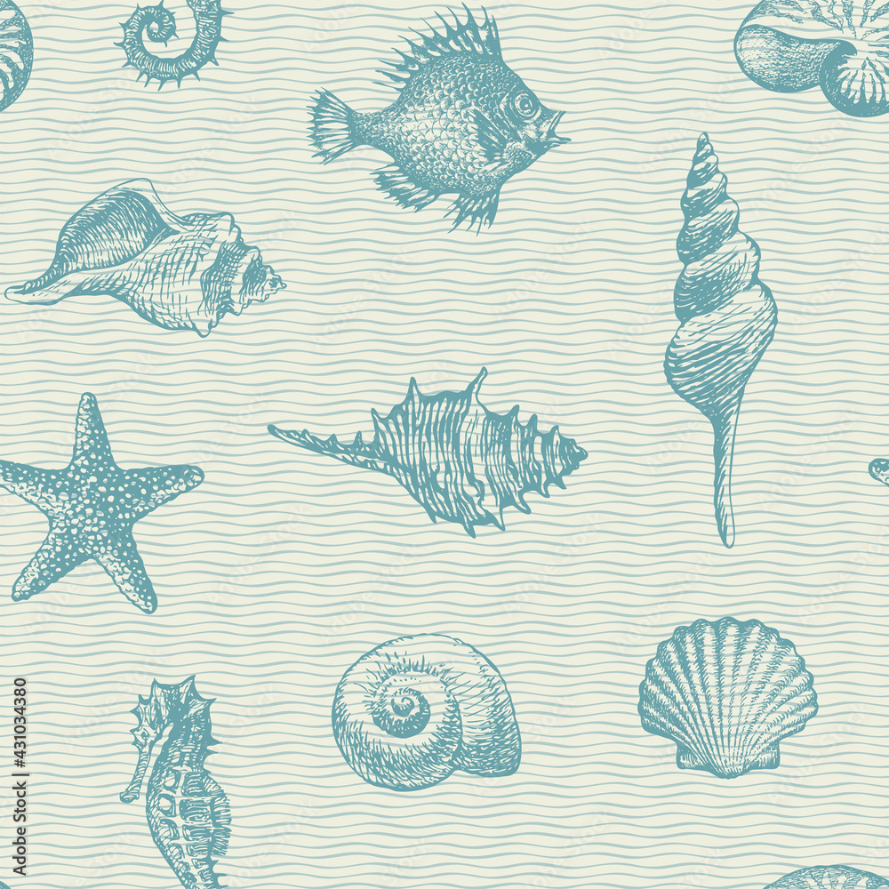 Seamless pattern with pencil drawings of seashells, starfish and ...