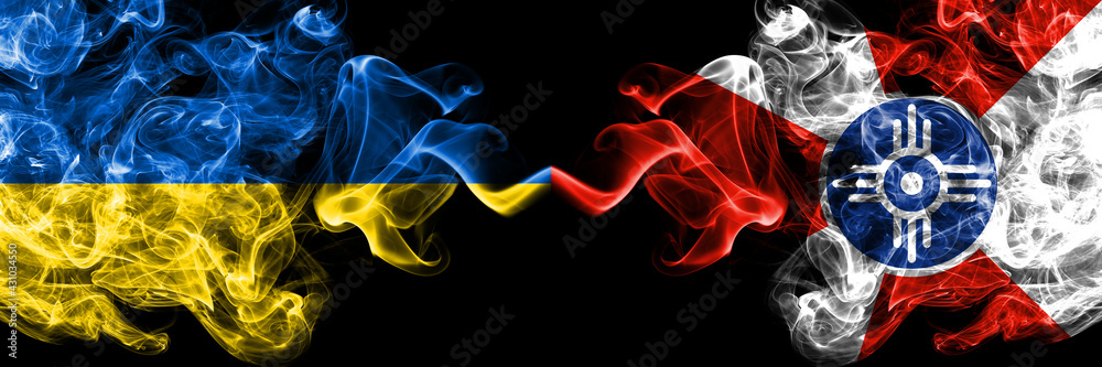 Fototapeta premium Ukraine, Ukrainian vs United States of America, America, US, USA, American, Wichita, Kansas smoky mystic flags placed side by side. Thick colored silky abstract smokes flags.