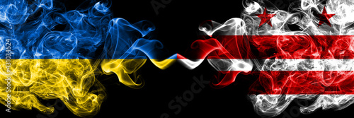 Ukraine  Ukrainian vs United States of America  America  US  USA  American  Washington D.C smoky mystic flags placed side by side. Thick colored silky abstract smokes flags.