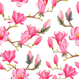 Seamless pattern with watercolor branches of blooming magnolia. Drawing of pink magnolia flowers on a white background.