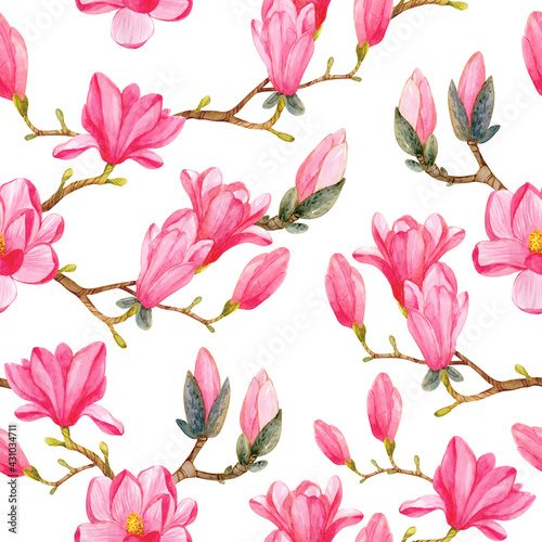 Seamless pattern with watercolor branches of blooming magnolia. Drawing of pink magnolia flowers on a white background. © Maria Kviten