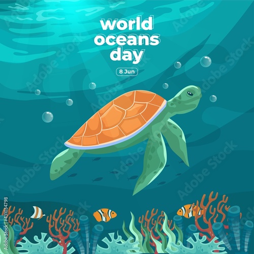 World oceans day 8 June. Save our ocean. Sea turtle and fish were swimming underwater with beautiful coral and seaweed background vector illustration. 