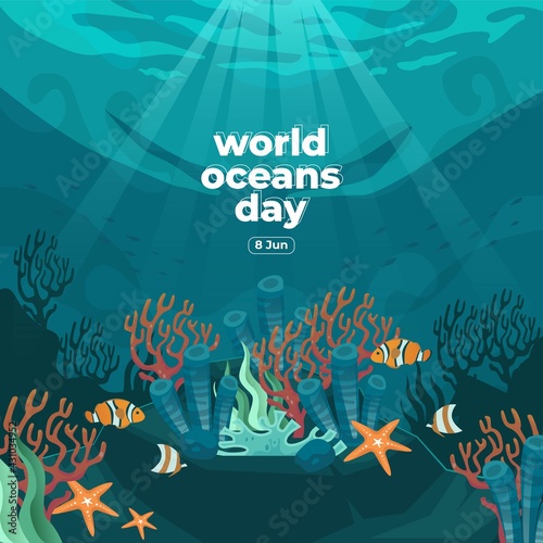 World oceans day 8 June. Save our ocean. Fish were swimming underwater with beautiful coral and seaweed background vector illustration. 