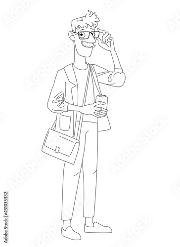 An adult man with glasses and a briefcase. Contour vector cartoon illustration