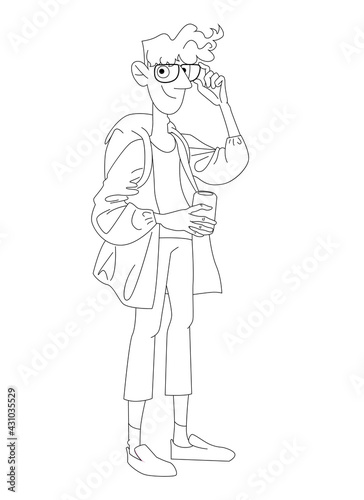 Teenager with glasses. Contour vector cartoon illustration