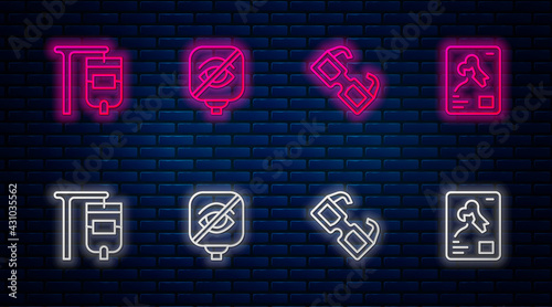 Set line Blindness, Eyeglasses, IV bag and X-ray shots. Glowing neon icon on brick wall. Vector