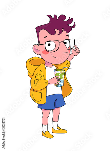 Boy with glasses and a yellow jacket. Colored vector cartoon illustration. Cartoon character.