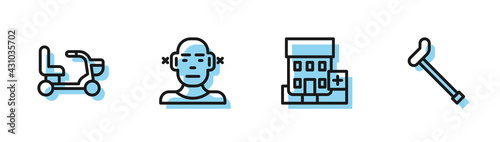 Set line Medical hospital building, Electric wheelchair, Deaf and Walking stick cane icon. Vector