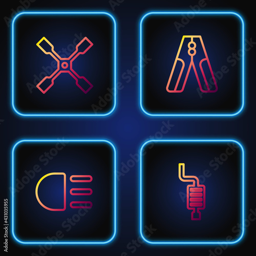 Set line Car muffler, High beam, Wheel wrench and battery jumper power cable. Gradient color icons. Vector