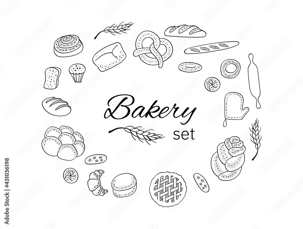 Bakery doodels hand drawn collection. Vector illustration.