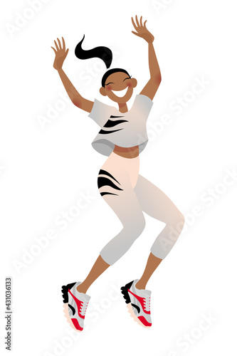 Young sports girl jumping. Cartoon character. Colored vector illustration