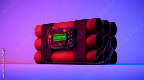 3D rendering, Realistic close up the dynamite bomb with digital countdown in 5 second, shadow darkness neon purple and blue colors background.