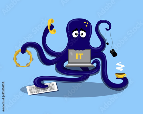 Blue octopus programmer, works. Illustration