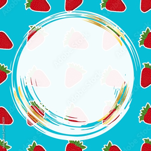 Template for creating a design, frame, banner, advertisement. Stickers of ripe red strawberries on a blue background. Vector illustration