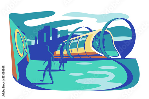 High speed futuristic train vector illustration. Hyperloop, future express transport with passengers trendy design idea. Transportation technologies concept