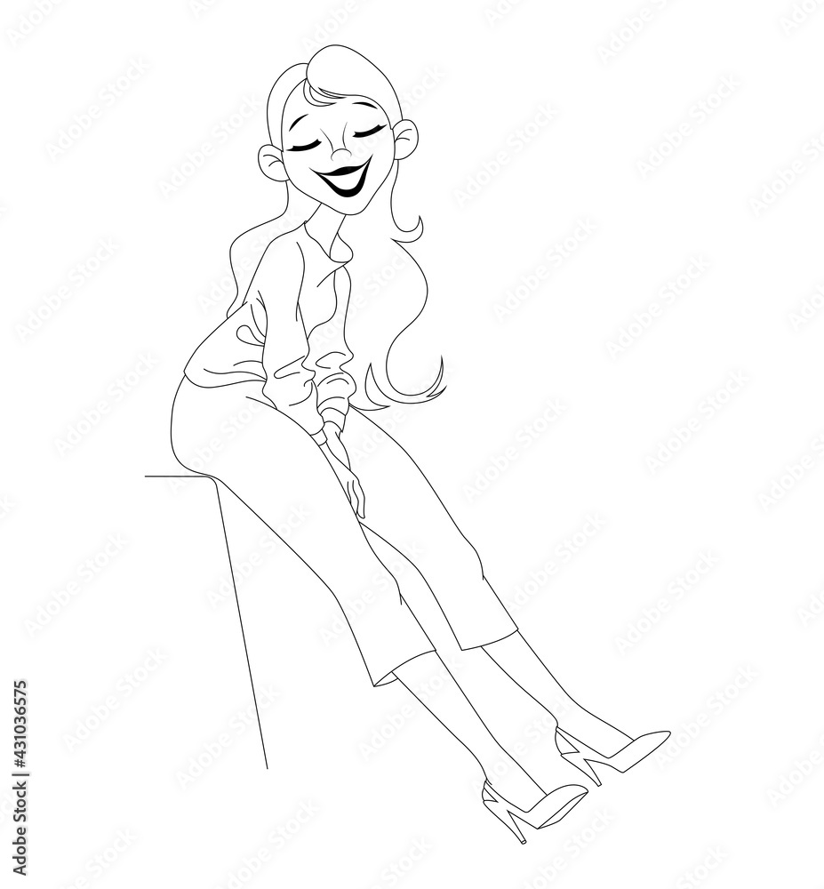 Cartoon character. The girl is sitting on a chair. Contour vector illustration