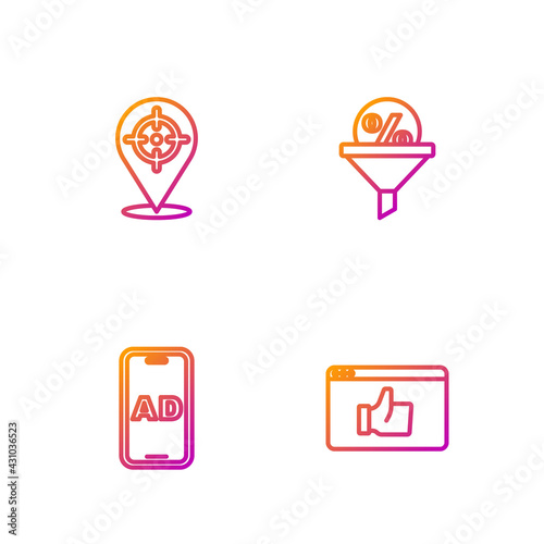 Set line Customer product rating, Advertising, Target and Lead management. Gradient color icons. Vector