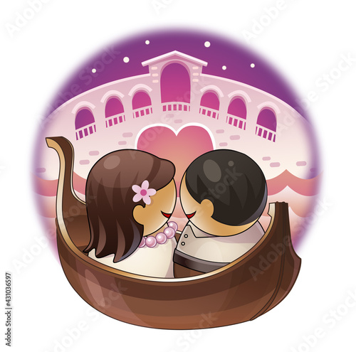 Two lovers in a gondola in Venice. Colored illustration