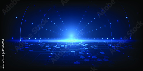 Digital cyber horizontal wide space abstract blue hi tech digital futuristic concept.