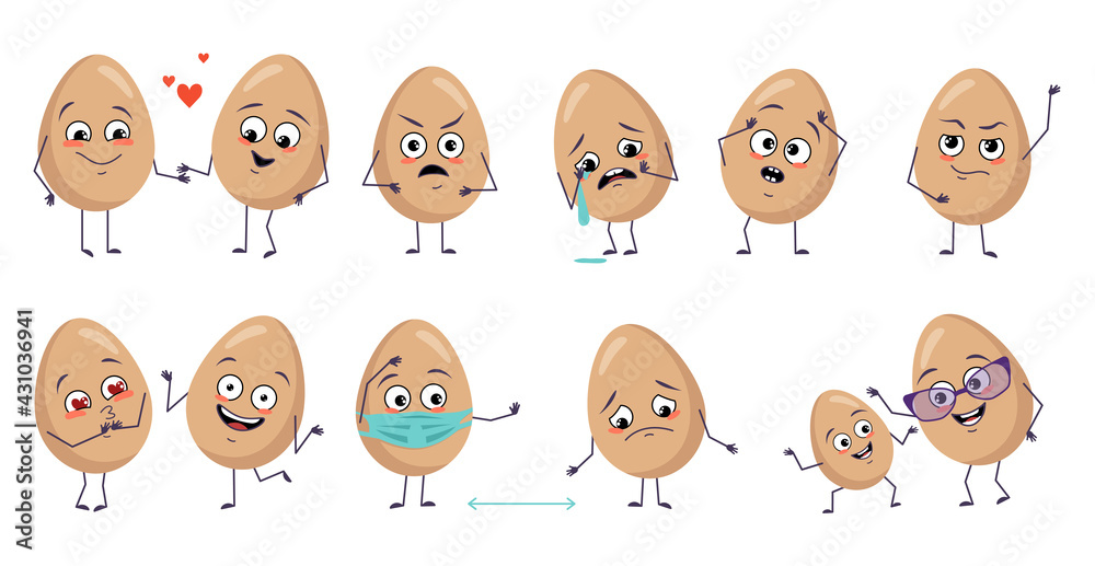 Set of cute egg characters with emotions, face, arms and legs. Happy Easter decoration. Smiling or sad food heroes, falling in love, masked distance, dancing or crying Set of cute egg characters with emotions, face, arms and legs. Happy Easter decoration. Smiling or sad food heroes, falling in love, masked distance, dancing or crying