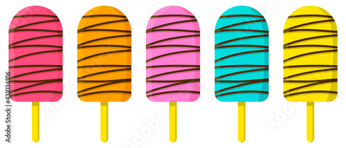Set of summer colorful ice cream on popsicle with chocolate design and shadows. Hand drawn vector illustration on white background