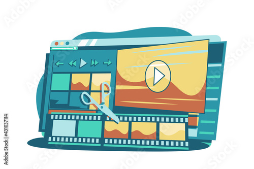 Video compositing interface program vector illustration. Computer application for creating and correcting video material flat style. Creativity concept. Isolated on white background