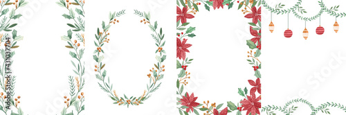 Watercolor floral Christmas wreath invitation frame templates 